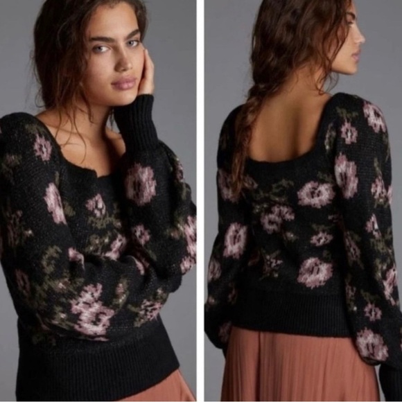 Anthropologie Sweaters - L40. Anthropologie Black and Pink Floral Sweater